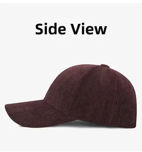 Detailed side view of burgundy herringbone textured baseball cap showing fabric quality