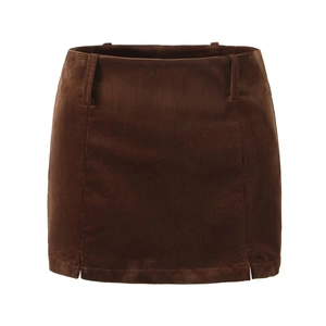 Detail showing high-quality caramel corduroy fabric and stylish side slits on the mini skirt