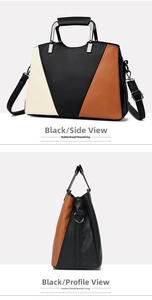 Detail view of tri-color geometric tote bag featuring premium lychee grain texture
