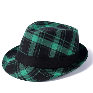 British style black and green plaid fedora hat with black decorative ribbon band