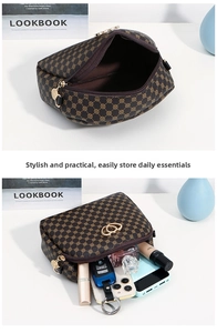 Detail of vintage brown textured makeup bag showing spacious interior for daily essentials