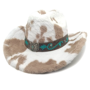 Chapeau De Cowboy Imprimé Vache Fausse Fourrure Broderie Ethnique Boucle Papillon Métal Rétro Hiver Chaud Mode Femme