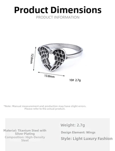 Size chart showing 12.0mm height and 13.8mm width for wing design stainless steel ring