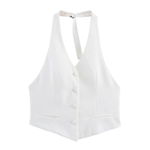 White halter neck waistcoat top with single-breasted buttons and V-shaped pointed hemline