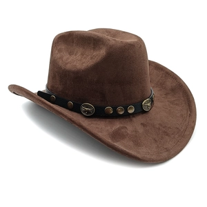 Detail of dark brown suede cowboy hat featuring leather band and metal bull head studs
