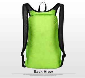 Detail view of the back of a lightweight neon green foldable backpack with mesh straps