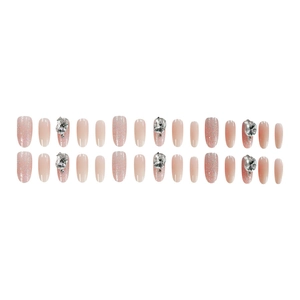 24pcs French almond cat eye press-on nails with pink gradient and rhinestones