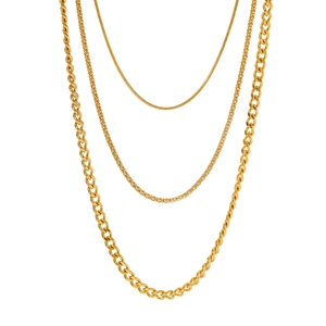 Three-layer gold stainless steel necklace set with snake, box, and Cuban link chains