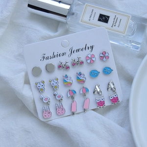 Set of 12 pairs of cute animal and geometric stud earrings with colorful enamel finish