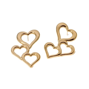 Elegant gold-tone triple heart cutout stud earrings in polished stainless steel finish