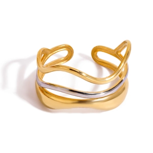 Wave Ring Multi Layer Stainless Steel 18K Gold Plated Water Ripple Adjustable Open Band Vintage Jewelry For Women