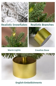 Macro detail of mini Christmas tree with faux snow, LED lights and golden Merry Christmas base