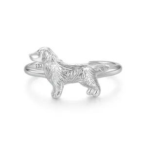 S925 sterling silver open ring featuring a cute 3D golden retriever puppy dog design
