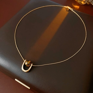 Detailed view of titanium steel tiger eye pendant necklace on premium brown leather box