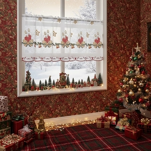 White Christmas cafe curtain with red candle embroidery and festive holiday decor
