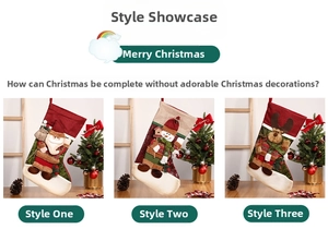 Detailed view of plush Santa, Snowman, and Reindeer Christmas stockings on a wooden table