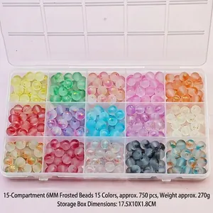 6mm frosted glass bead set with 15 colors in a clear storage box for DIY jewelry