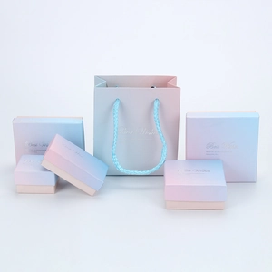 Pink and blue gradient jewelry gift box set with matching paper bag and gold engraving