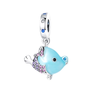 Luminous tropical fish pendant charm in blue enamel with sparkling colorful zircons