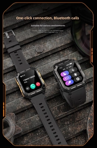 Rugged industrial C20PRO smartwatch with metal casing and silicone strap on metal stand