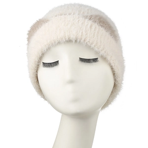 Winter faux mink fur knit beanie hat for women in beige with brown striped accents