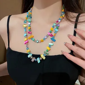 Collier De Perles En Verre Coloré Bohème Multi-Rangs Coquillage Irrégulier Résine Longue Chaîne Bijoux De Vacances Pour Femmes