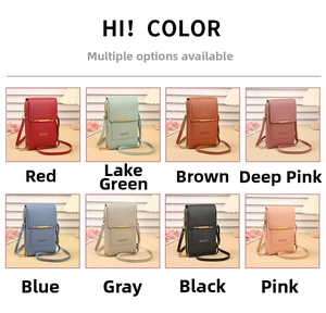 Collage of multi-functional touchscreen crossbody cell phone bags in eight varied colors
