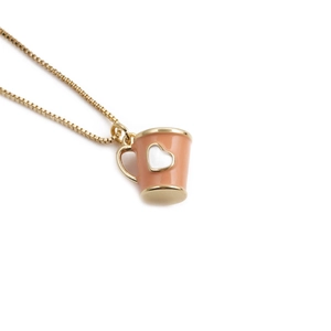 Charming gold-plated coffee cup pendant necklace with pink enamel heart on box chain
