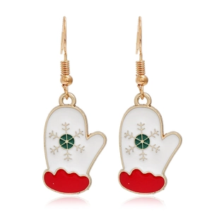 Detailed view of Christmas glove earrings featuring red cuffs and golden snowflake patterns