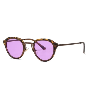 Retro oval tortoiseshell sunglasses with purple lenses and slim metal frames for women