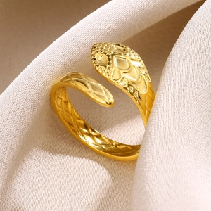 Gold plated stainless steel snake shaped open ring with textured scale details