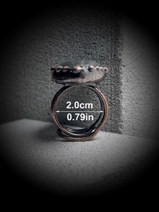 Macro shot of labradorite ring showing 2.0cm inner diameter size measurement