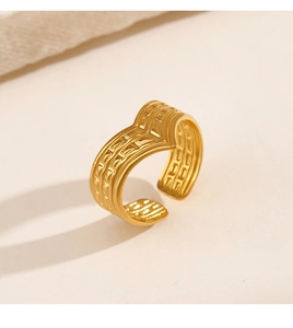 Macro shot of V-shaped 18K gold plated stainless steel ring with geometric textures
