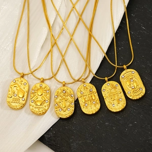 Retro stainless steel zodiac pendant necklaces with gold plating and zircons