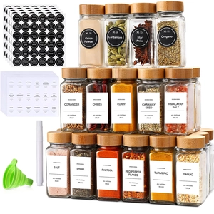 Σετ 24 γυάλινα βάζα μπαχαρικών 120ml με καπάκια μπαμπού, ετικέτες και πράσινο χωνί