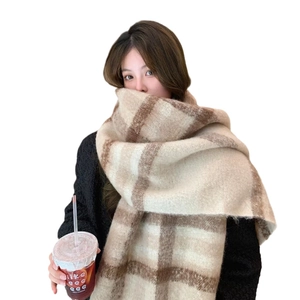 Winter plaid mohair scarf for women in cream and brown with fringe details