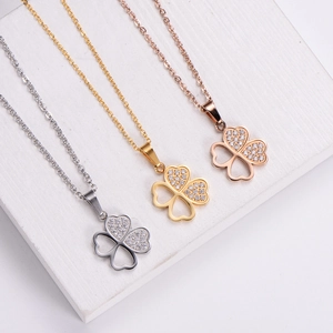 Three-color clover pendant necklace with zircon micro-pave and hollow-out design