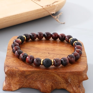 Tiger Eye Stone Volcanic Lava Rock Beaded Bracelet With Metal Spacers Elastic Handmade Retro Jewelry For Men Women