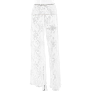 Women's sexy white lace sheer high-waisted wide leg trousers with drawstring waist