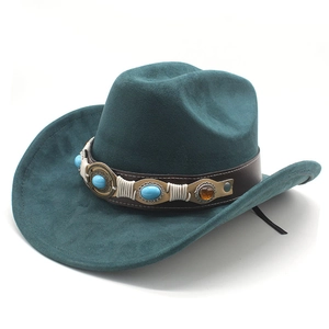Detail of dark teal felt cowboy hat featuring leather band with turquoise stone accents