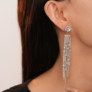 Detail view of long silver tassel earrings with clear cubic zirconia on a model