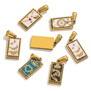 Set of colorful tarot card pendants in gold metal with enamel and rhinestone details