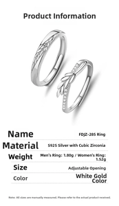 Detail of S925 sterling silver wheat ear couple rings with cubic zirconia inlay