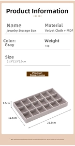Gray velvet jewelry tray with 24 compartments and dimensions 21.5x12.5x2.5cm
