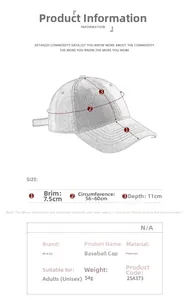 Guide des tailles pour casquette légère avec tour de tête 56-60cm et visière 7,5cm