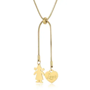 Stainless Steel Heart Pendant Necklace For Women Girl Silhouette Love Engraved Adjustable Snake Chain Y-Shaped Lariat
