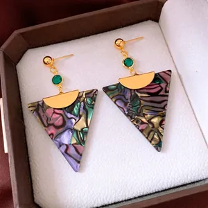 Retro geometric triangle acetate earrings with marble pattern and green gemstone