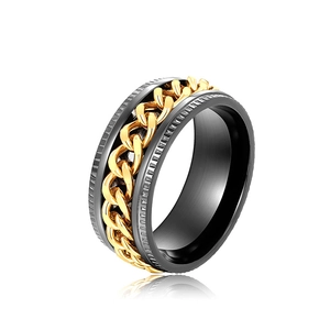 Cool punk style black and gold chain rotatable stainless steel ring for men and women