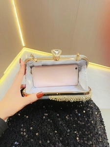 Macro view of silver sequin evening clutch interior with rhinestone clasp and phone capacity