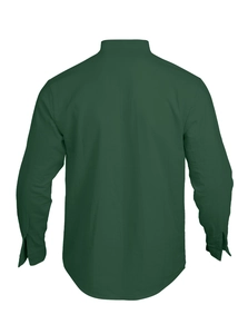 Rear view of long sleeve linen shirt for men in dark green with stand collar detail